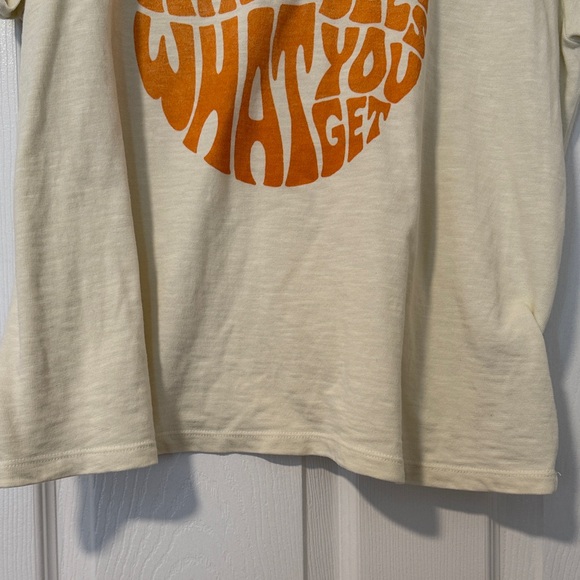 Mother Denim Cream/Butter Yellow Graphic T-Shirt with Orange Print Women Size XL - Picture 4 of 9